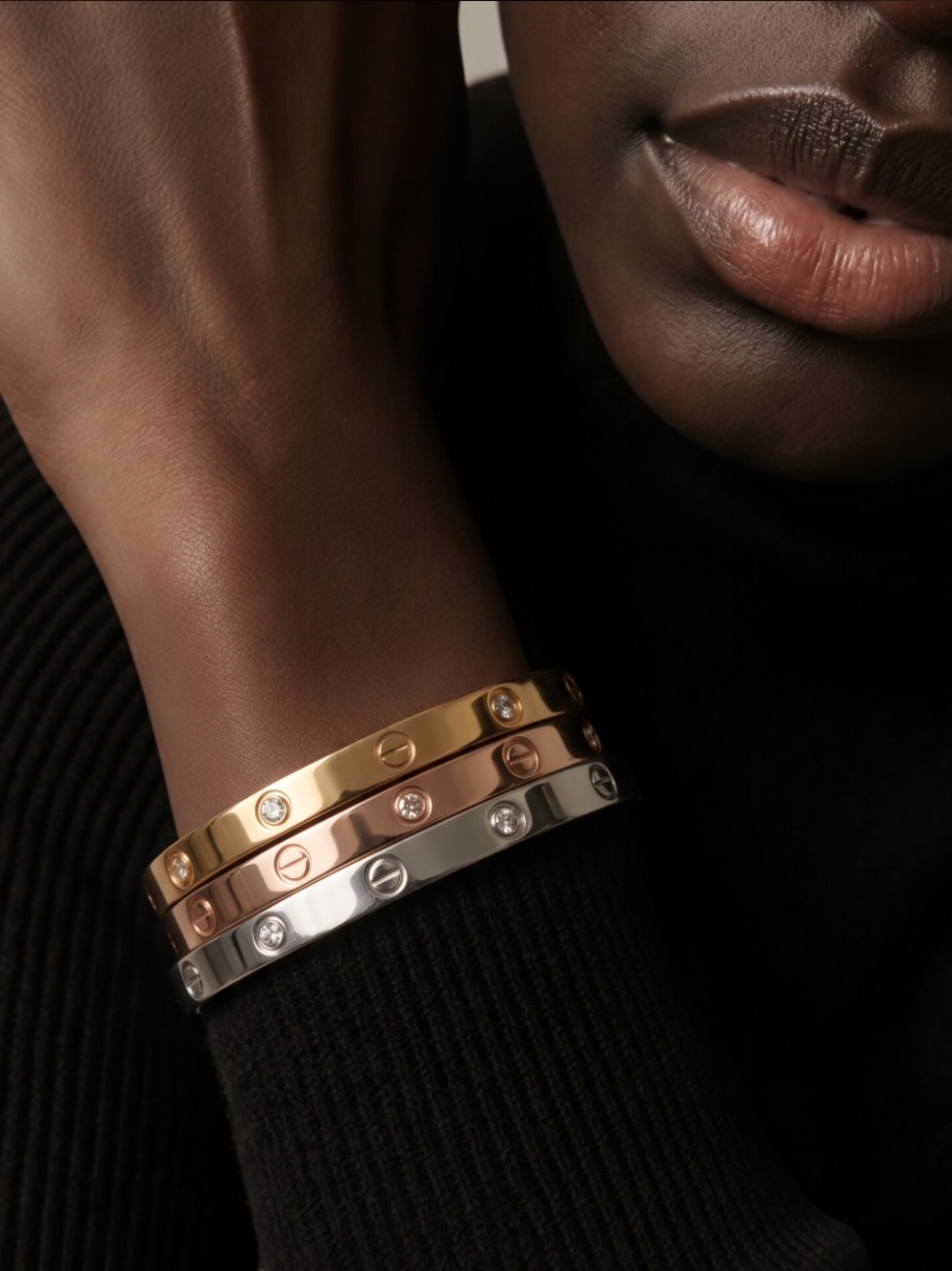 Triple Tone Screw-Detail Bangle Set - Gold, Rose Gold & Silver